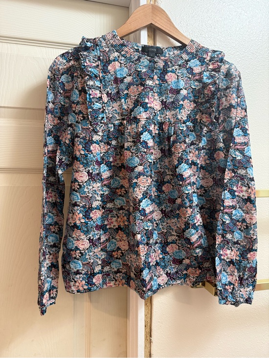 J. Crew Tops - J. Crew Navy Floral Ruffle-Trim Long-Sleeve Blouse